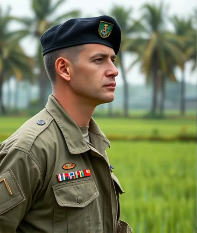 Man in military uniform standing in a natural setting with trees in the background