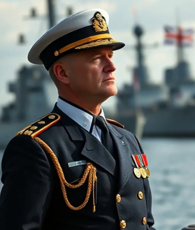 Officer in naval uniform with ships in the background