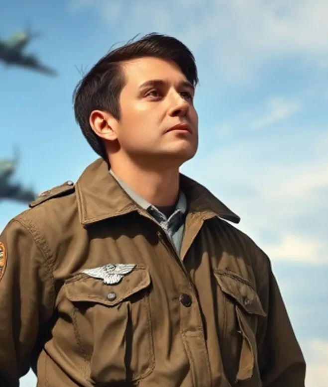Man in a military-style jacket with a clear sky and airplane in the background